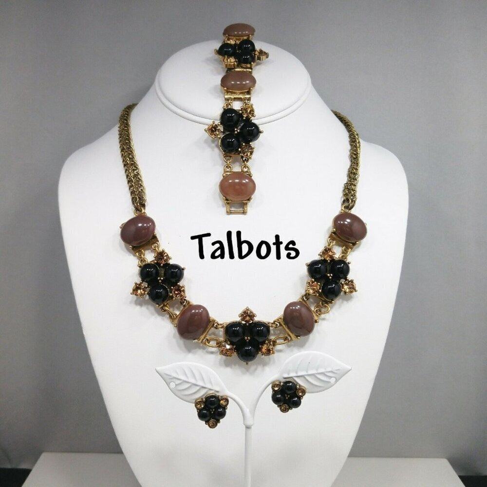 Talbots Statement Jewelry Set Necklace Bracelet Earrings Black Cabochon